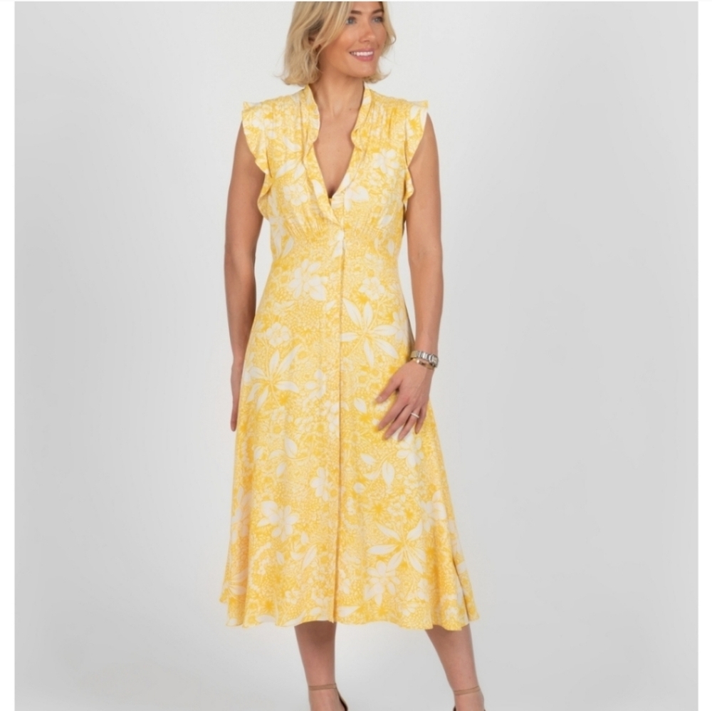 Taylor Yellow Gold and White Floral Sleeveless V-Neck Midi Dress In Size 4
